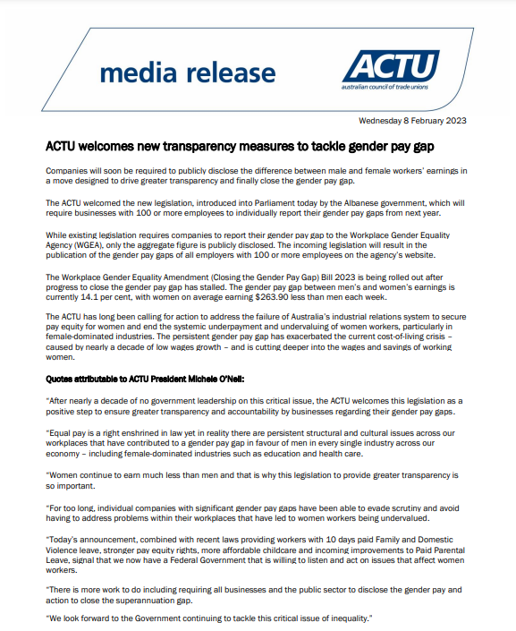 Australian Unions on Twitter "MEDIA RELEASE ACTU new