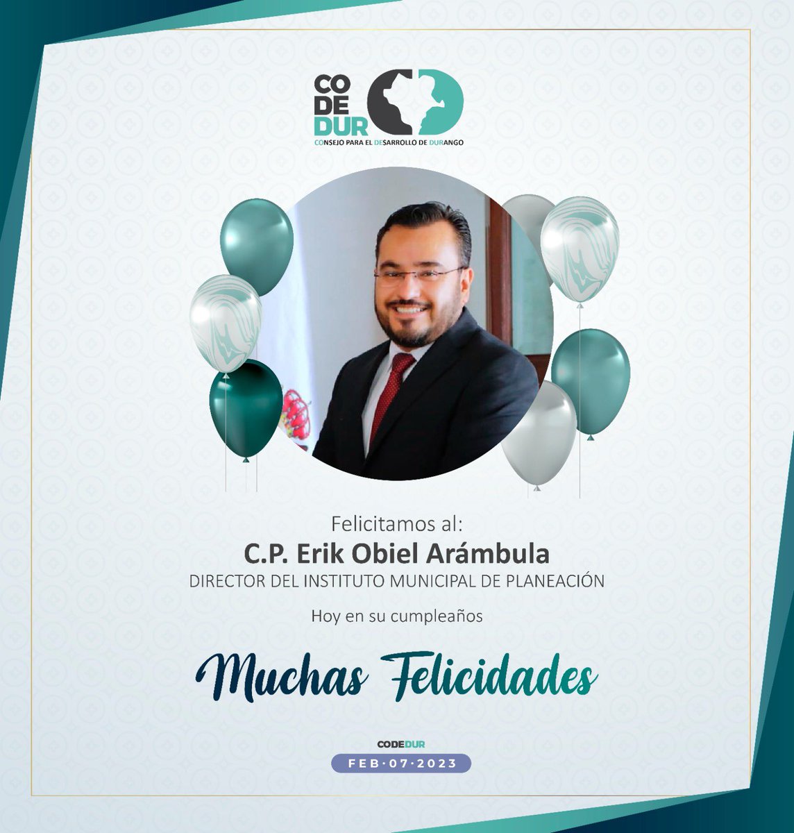 Todos los integrantes del CODEDUR ¡le deseamos un feliz cumpleaños al C.P. <a href="/ObielDgo/">Erik Obiel Arámbula</a> , Director del Instituto Municipal de Planeación.
Muchas felicidades!
