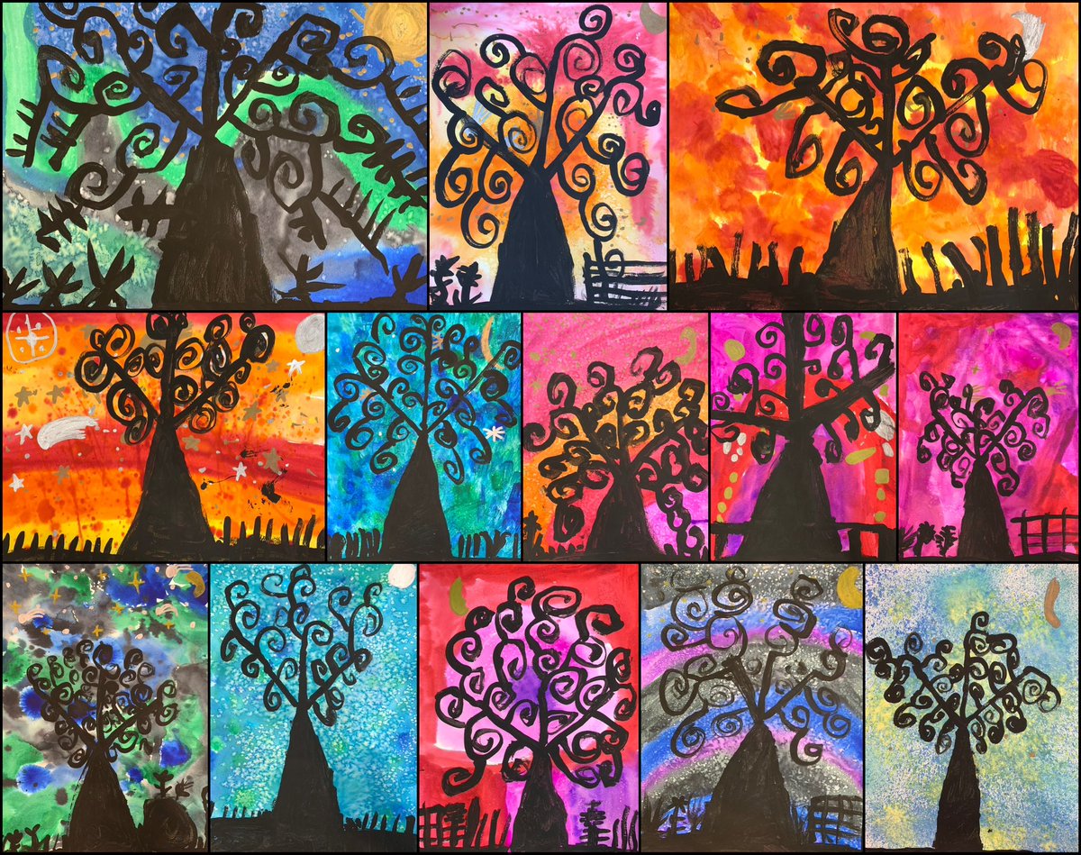 naplsart's tweet photo. Check out some of the amazing @naplselc kindergarten art from their last art week.  Tree paintings inspired by Gustav Klimt and winter landscapes inspired by Jen Aranyi. https://t.co/XWbO0aCsrL