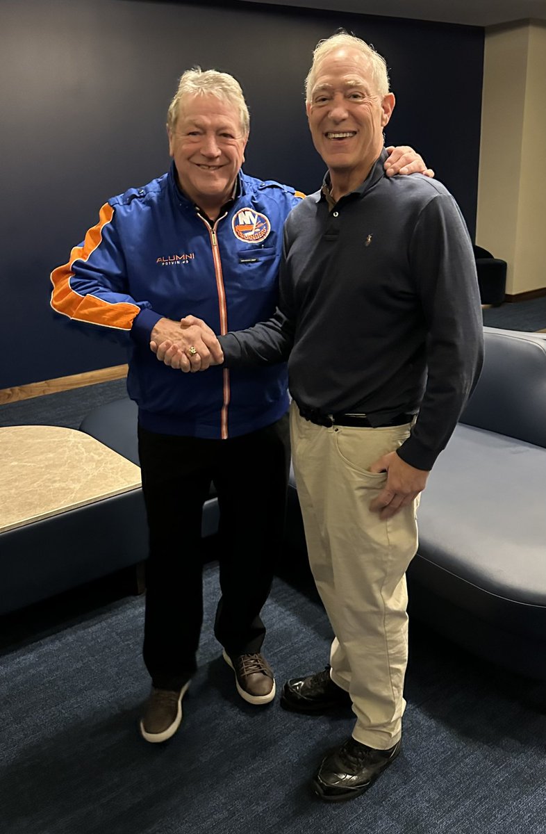 DrClemenza's tweet photo. Thanks to my cousins Kevin and Kyle Coffey #islanders game 2/7. Chance to meet Isles great Dennis Potvin. (Of that chant) See newly acquired Bo Horvat score 1st Isles goal in his home debut. Spend quality time with my cuzes.   
#NHL #ubsarena @ny_islanders @seattlekraken @nhl https://t.co/a9NUtLOye0