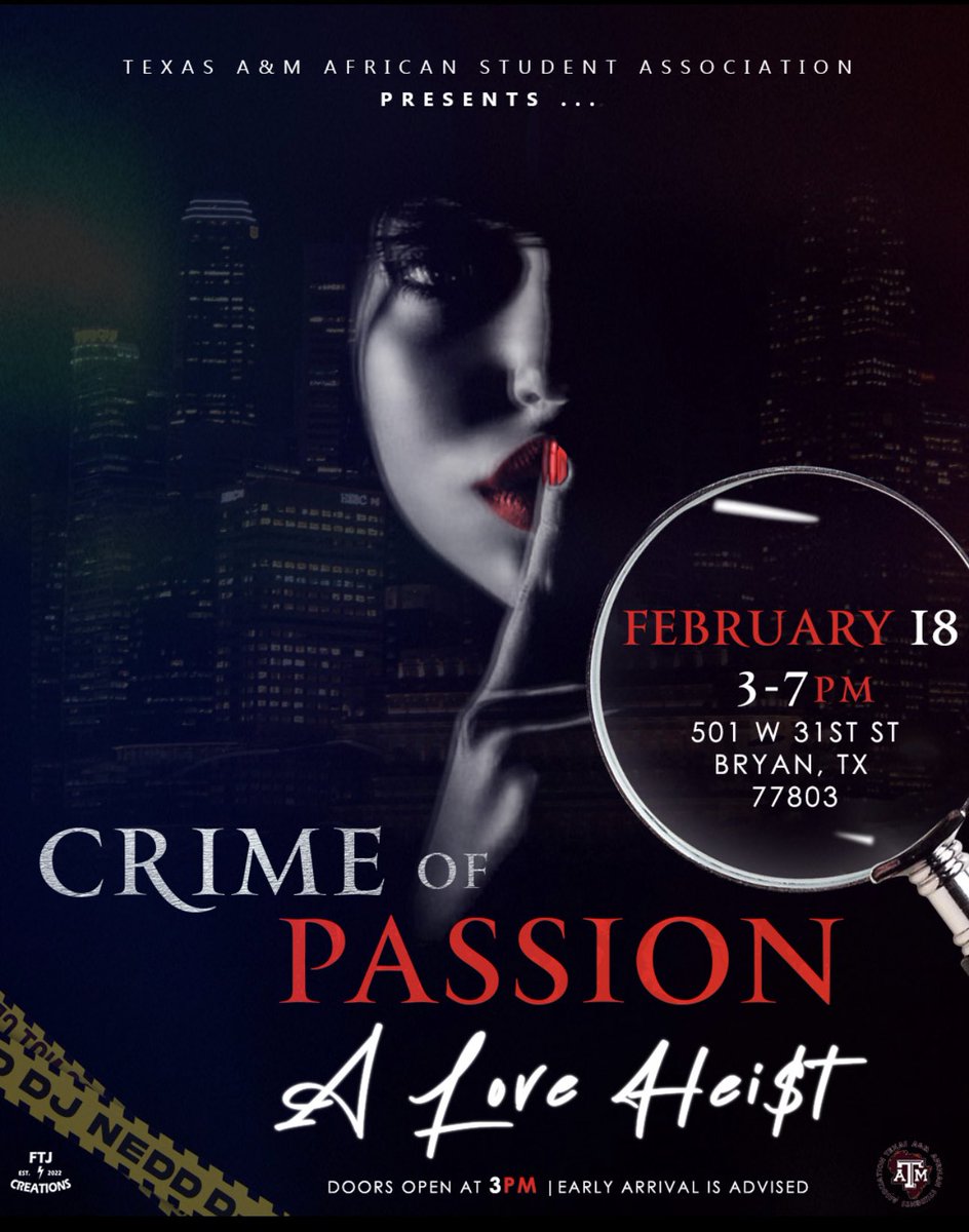 TAMU_ASA's tweet photo. TAMU ASA #crimeofpassion is officially SOLD OUT. See you on the 18th for the trials of the century!! 
#crimeofpassion #Aloveheist #whodunit https://t.co/KxBhZoOZEj