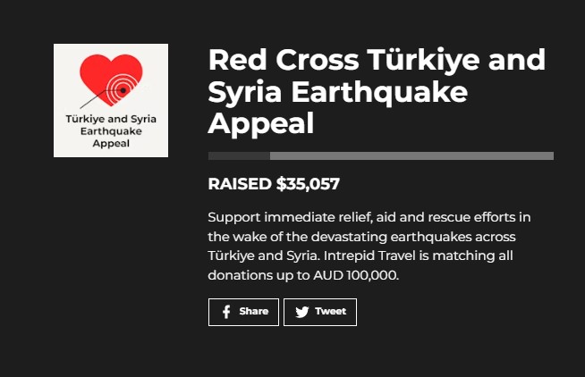 Our Türkiye and Syria Earthquake Appeal for <a href="/RedCrossAU/">Australian Red Cross</a> has raised $35,000 and counting in under 24 hrs. 

Thank you for supporting! 

We're matching every dollar donated up to AUD$100,000, so if you can, please give today: theintrepidfoundation.org/t/turkey-syria…
