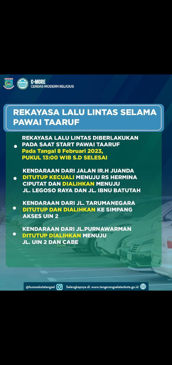 saidiman's tweet photo. Menurut poster pengumuman berlogo pemerintah kota Tangerang Selatan ini, beberapa jalan di Ciputat akan ditutup 4 hari di jam sibuk karena akan digunakan pawai MTQ. Warga perlu protes. Semoga kedunguan ini dibatalkan. @IniTangSel https://t.co/IPwR5Bbqs1