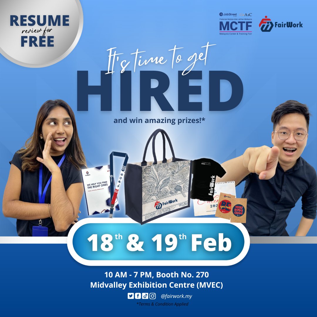 FairWorkMY's tweet photo. Not confident with your resume? Get it reviewed by our professionals for FREE! 💯

Stand a chance to win amazing prizes too. See you there!

#MCTF23 #MCTF #FairWorkmy https://t.co/5tDfsTE4XL
