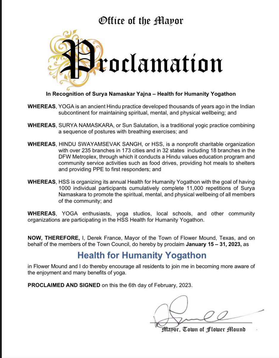 Anurag Sharma (अनुराग शर्मा) (@anuragksharma) on Twitter photo Thank you Hon. Mayor of <a href="/flower_mound/">Town of Flower Mound</a> Mr. <a href="/DerekTheMayor/">Derek the Mayor</a> for supporting our national campaign, “Health for Humanity - Yogathon” also known as “Surya Namaskar Yajna” (Sun Salutation Yogathon) <a href="/ashishnpuri/">Ashish Puri</a> <a href="/paricool123/">Parikshit Shula</a> <a href="/rustagi_swati/">Swati Rustagi</a> <a href="/hssusa/">HSS USA</a> Thank you Hon. Mayor of <a href="/flower_mound/">Town of Flower Mound</a> Mr. <a href="/DerekTheMayor/">Derek the Mayor</a> for supporting our national campaign, “Health for Humanity - Yogathon” also known as “Surya Namaskar Yajna” (Sun Salutation Yogathon) <a href="/ashishnpuri/">Ashish Puri</a> <a href="/paricool123/">Parikshit Shula</a> <a href="/rustagi_swati/">Swati Rustagi</a> <a href="/hssusa/">HSS USA</a>