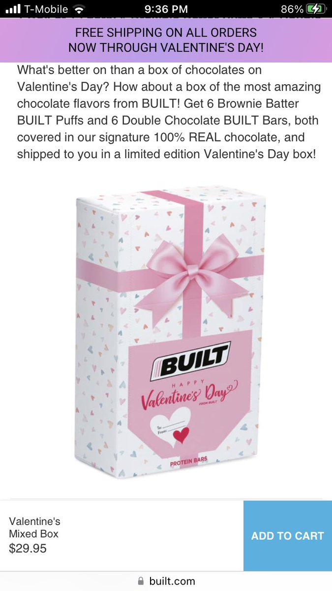 JennyLebel1's tweet photo. What's better on than a box of chocolates on Valentine's Day? How about a box of the most amazing chocolate flavors from BUILT! Get 6 Brownie Batter BUILT Puffs and 6 Double Chocolate BUILT Bars. Use my code JCLCOOL for a discount off your order and free shipping https://t.co/h2EUtlu0Dl