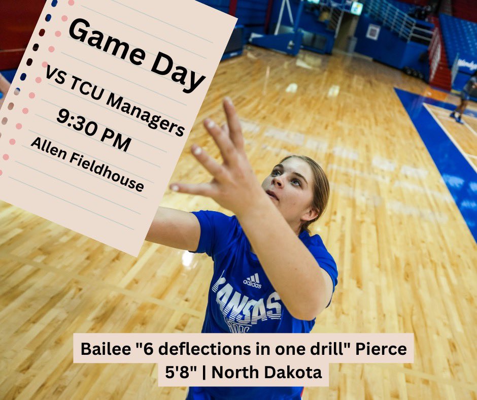 It’s GAME DAY!! The managers are taking on the managers of the Horned Frogs for the prime time event. 

🆚TCU
⏰9:30 p.m.
📍Allen Fieldhouse