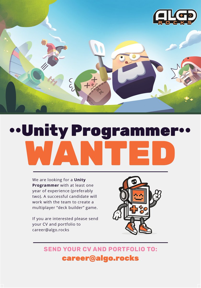 algorocks's tweet image. Hello, we’re looking for a Unity programmer to join our team. 

If you are passionate about indie games, have experience in Unity programming, and want to work on a game that destroys friendships, send your CV to career[at]algo.rocks!

#programmer #unityprogrammer