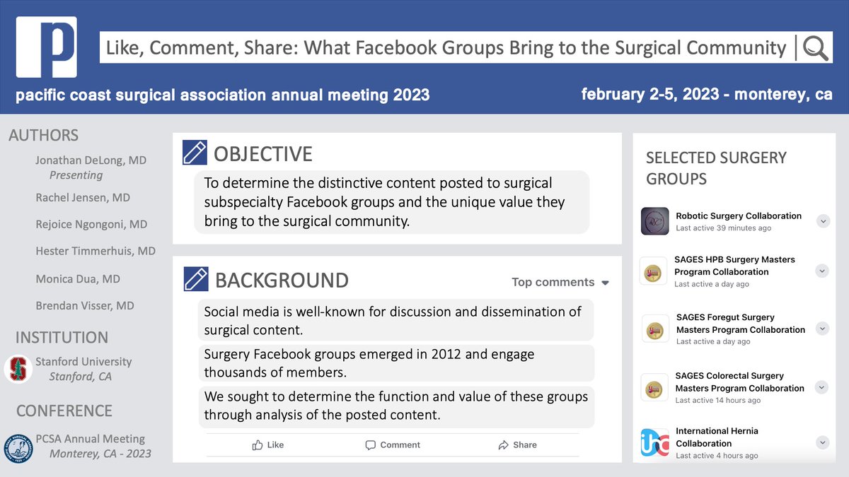 jcdelo's tweet photo. How are surgeons using surgical Facebook groups?
We set out to understand what surgeons are using Facebook groups for in the top 5 sub-specialty surgery groups and presented our findings at #PCSA2023 #StanfordHPB https://t.co/MPRfsKQZYu