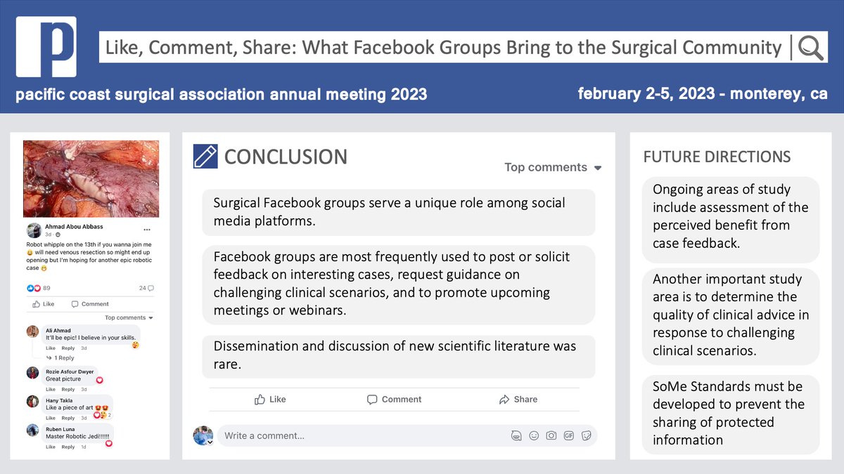 jcdelo's tweet photo. How are surgeons using surgical Facebook groups?
We set out to understand what surgeons are using Facebook groups for in the top 5 sub-specialty surgery groups and presented our findings at #PCSA2023 #StanfordHPB https://t.co/MPRfsKQZYu
