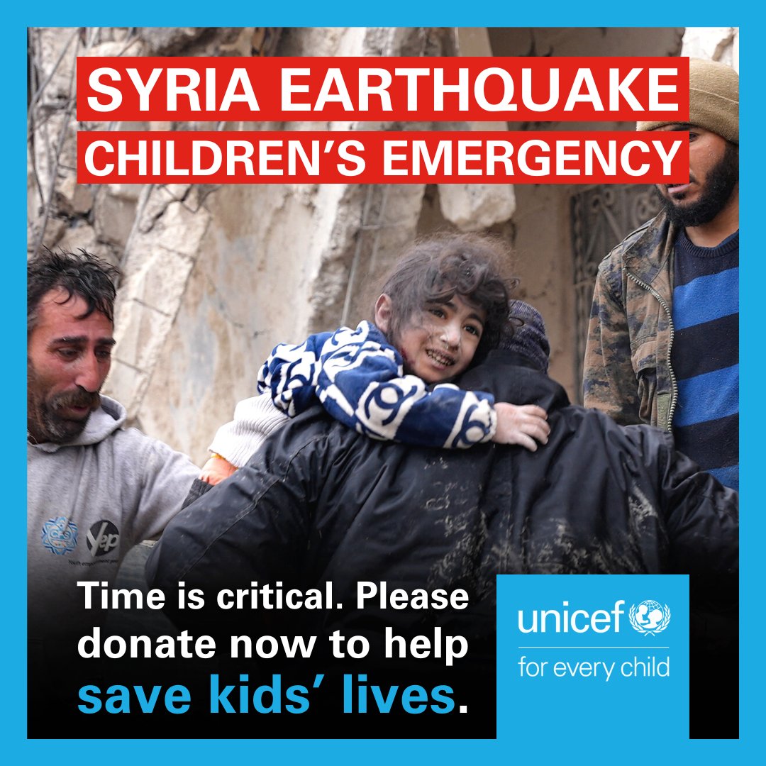 UNICEF is helping to deliver nutritious food, clean water, life-saving medicines, safe spaces and shelter to children at risk after the devastating earthquakes.
You can support children in Syria here: 
🙏  <a href="/UNICEFNZ/">UNICEF Aotearoa</a> 
unicef.org.nz/appeal/syrian-…