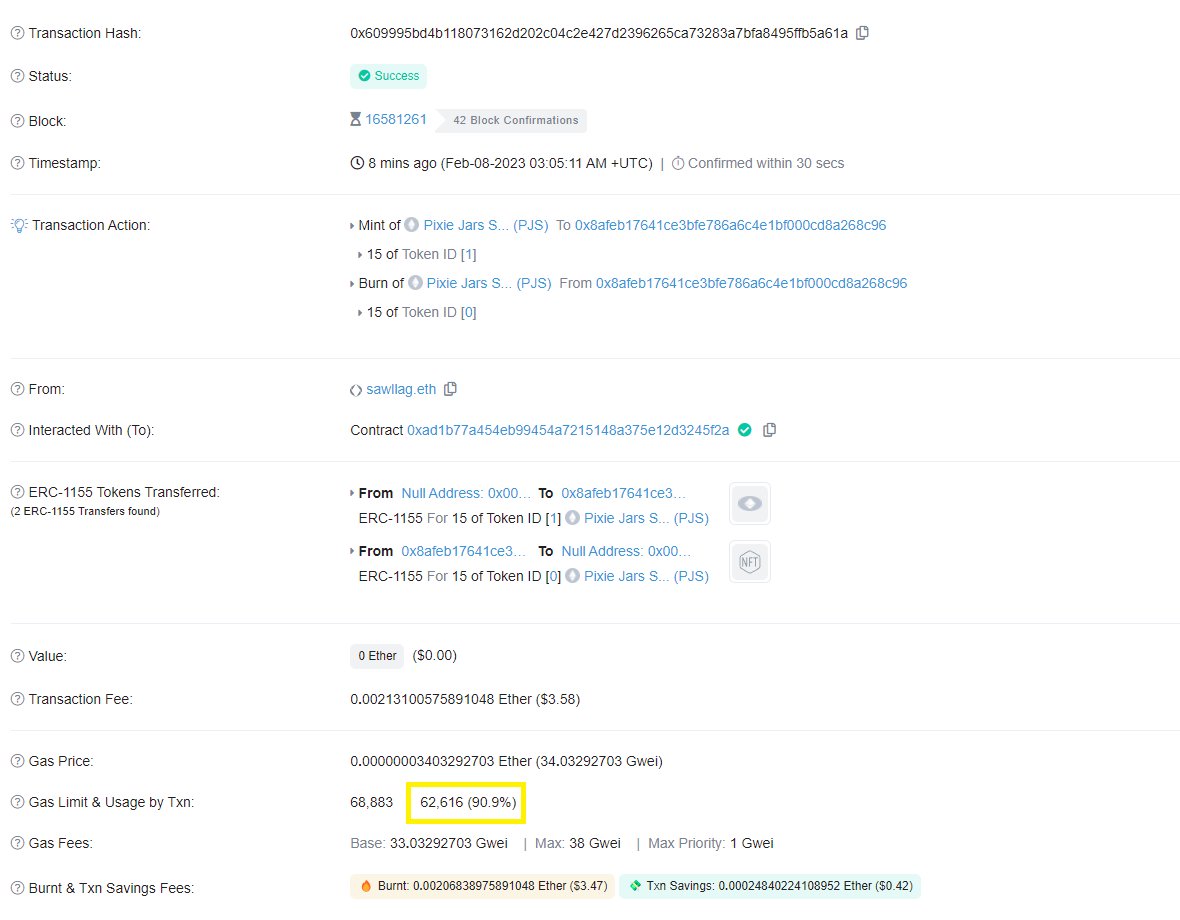 0xjustadev's tweet photo. so @sawllag beat me to the first burn/mint transaction on ERC1155P but look at that gas usage 👀👀👀👀👀👀👀👀 https://t.co/5LjMUfa1zY