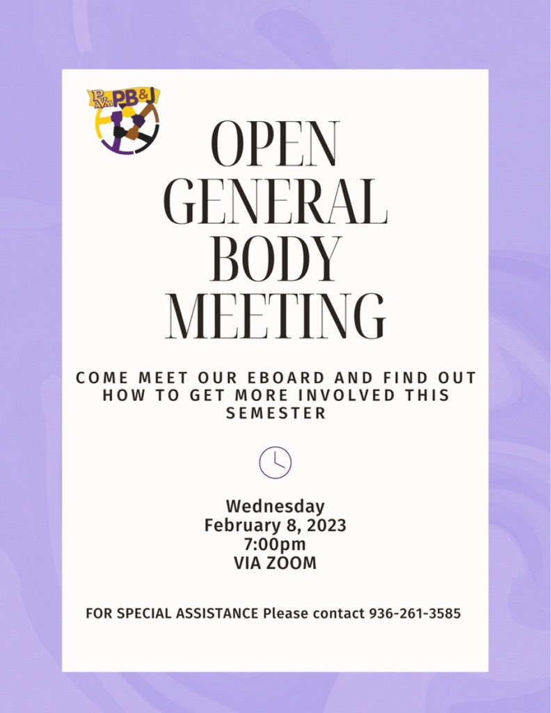 Ndavi_R's tweet photo. Have a passion for individuals with mental disabilities? Want to get more involved on campus? Or maybe you just want to meet new people, come to Panther Buddies and Juniors First Spring 23 General Body meeting! 

Zoom link will be shared on @PBJ_PVAMU profile February 8th. https://t.co/NXAA6PwJz7