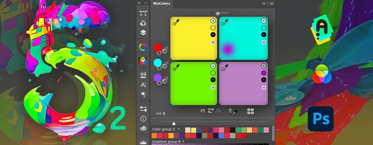 PhotoshopPanels's tweet photo. Making a Hue-ge difference in the world of color mixing with MixColors 5.2 for #Photoshop! Brighter swatch groups, new blending, powerful UI! 💗 Upgrade or give it a shot 👉 https://t.co/yqn50nn3Oa https://t.co/gN16u6tuPc