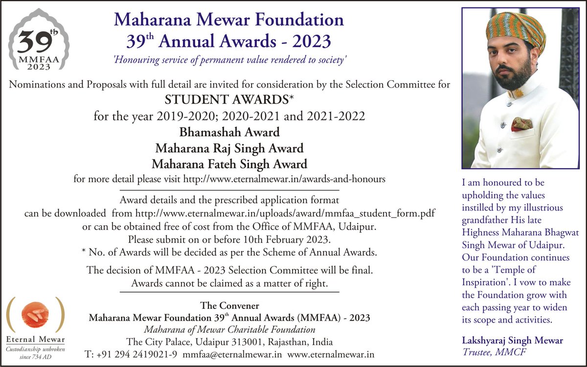 Eternal Mewar (@eternal_mewar) on Twitter photo We are inviting Nominations and Proposals for student awards (MMFAA 2023). Visit our website to know more.
eternalmewar.in/awards-and-hon…
<a href="/lakshyarajmewar/">LakshyarajSinghMewar</a>
#maharanaaward #CityPalaceUdaipur #LRSM #udaipur #Rajasthan We are inviting Nominations and Proposals for student awards (MMFAA 2023). Visit our website to know more.
eternalmewar.in/awards-and-hon…
<a href="/lakshyarajmewar/">LakshyarajSinghMewar</a>
#maharanaaward #CityPalaceUdaipur #LRSM #udaipur #Rajasthan