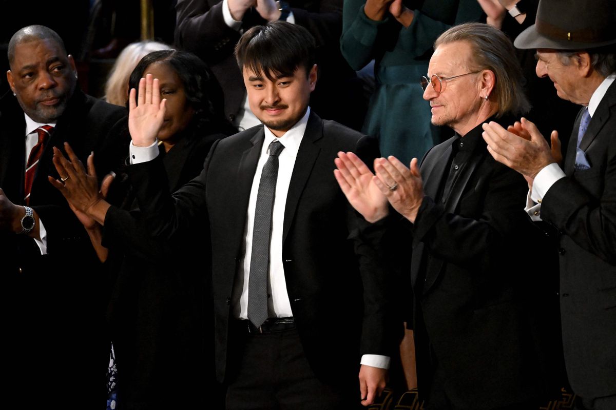MSNOWNews's tweet photo. Brandon Tsay, who disarmed the Monterey Park gunman, attends State of the Union address.

President Biden: "He saved lives. It’s time we do the same. Ban assault weapons now. Ban them now. Once and for all." https://t.co/gHfsOWPUPJ https://t.co/cLjNJ63rvy