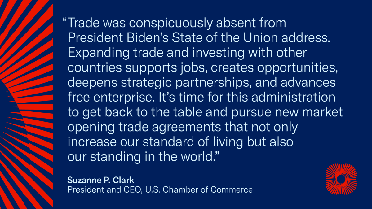 USChamber's tweet photo. America must #LeadOnTrade. #SOTU #SOTU2023 https://t.co/nh85hLe7Z5