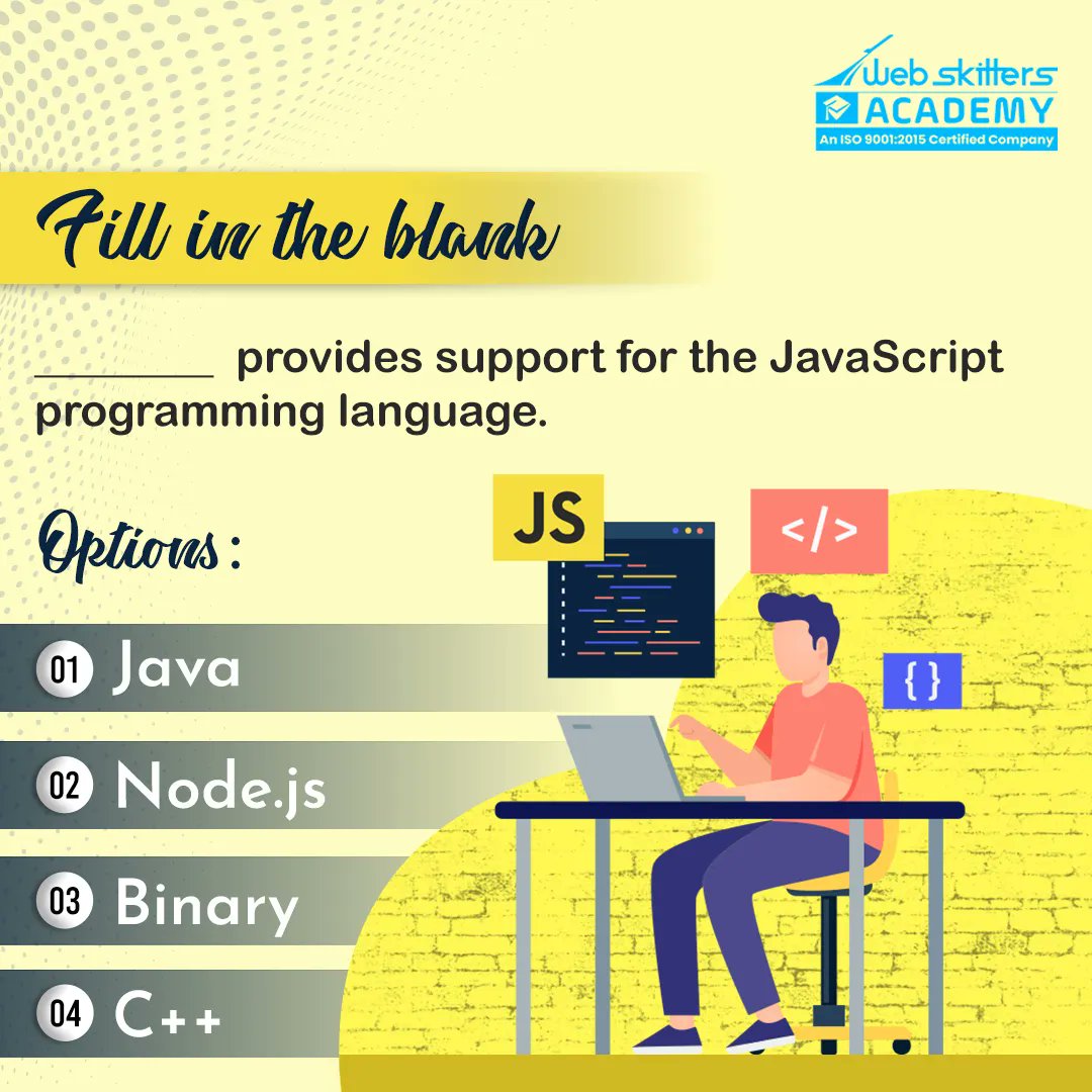 WebSkitters_Edu's tweet image. Do you have the answer with you? 
Share it with us now!
#WebskittersAcademy  #JavascriptProgramming #fillintheblank #testyourknowledge #enhanceyourknowledge