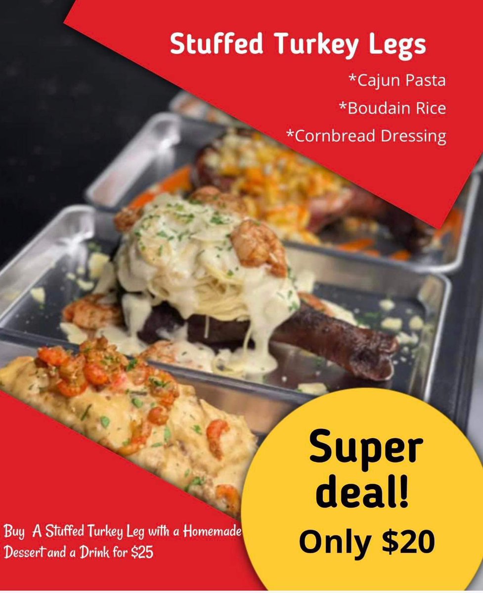 evamckinleyreed's tweet photo. $20 Stuffed Turkey Leg plates and $25 with a dessert and a drink. Taking preorders until Saturday. Pickup and Delivery options will be available on Sunday February 12th. Cash app is $OhSoBambii. Contact me about other forms of payment . https://t.co/6dmFKuk4KE
