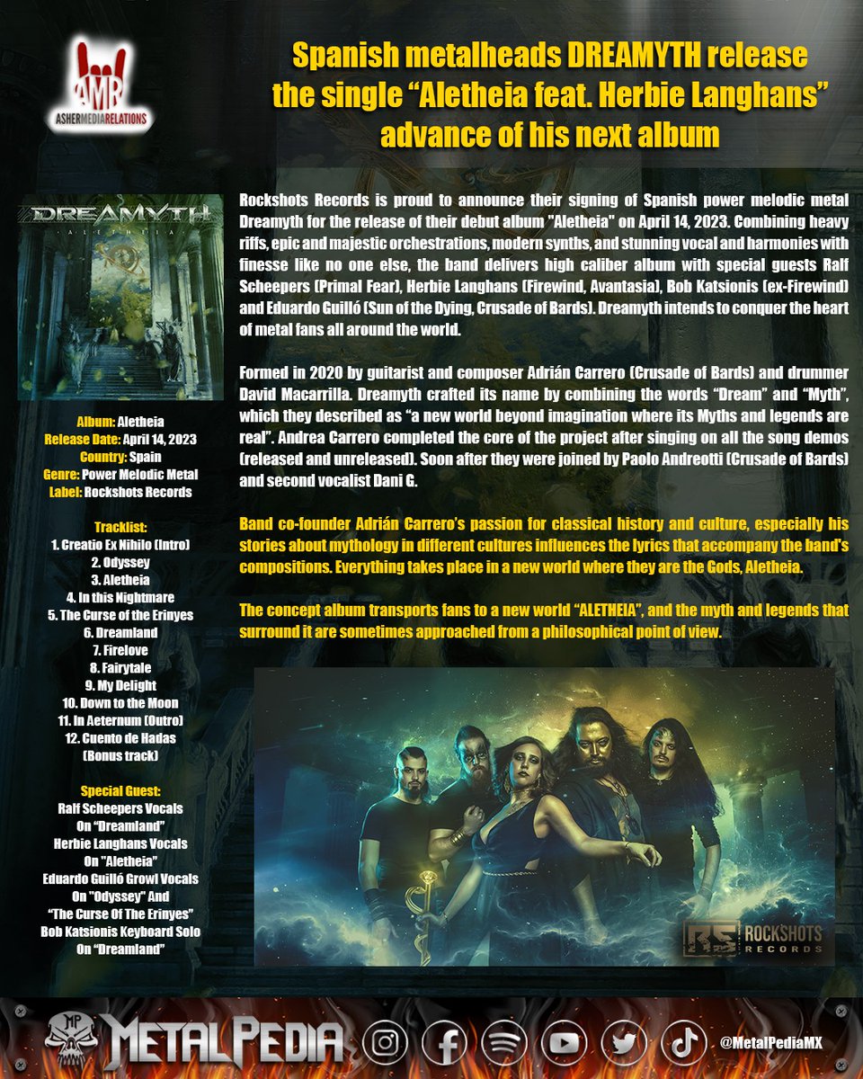 MetalPediaMX's tweet photo. Los metaleros españoles @Dreamyth_ lanzan el sencillo “Aletheia feat. Herbie Langhans” adelanto que da nombre a su próximo álbum que saldrá el 14 de abril de este año a través de @rockshotsrec 

@AsherMedia https://t.co/FZ6FH1qW8s