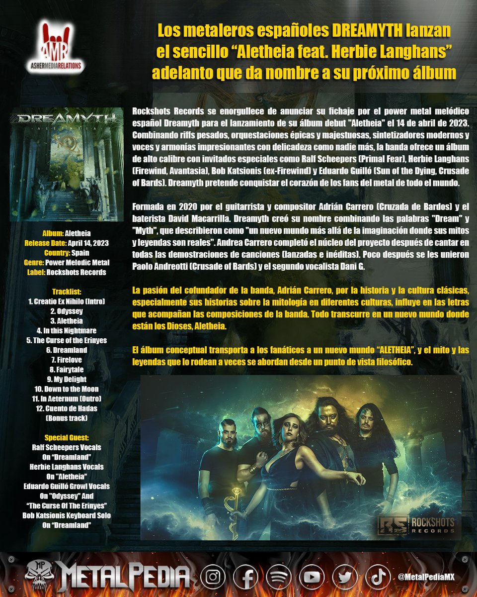 MetalPediaMX's tweet photo. Los metaleros españoles @Dreamyth_ lanzan el sencillo “Aletheia feat. Herbie Langhans” adelanto que da nombre a su próximo álbum que saldrá el 14 de abril de este año a través de @rockshotsrec 

@AsherMedia https://t.co/FZ6FH1qW8s