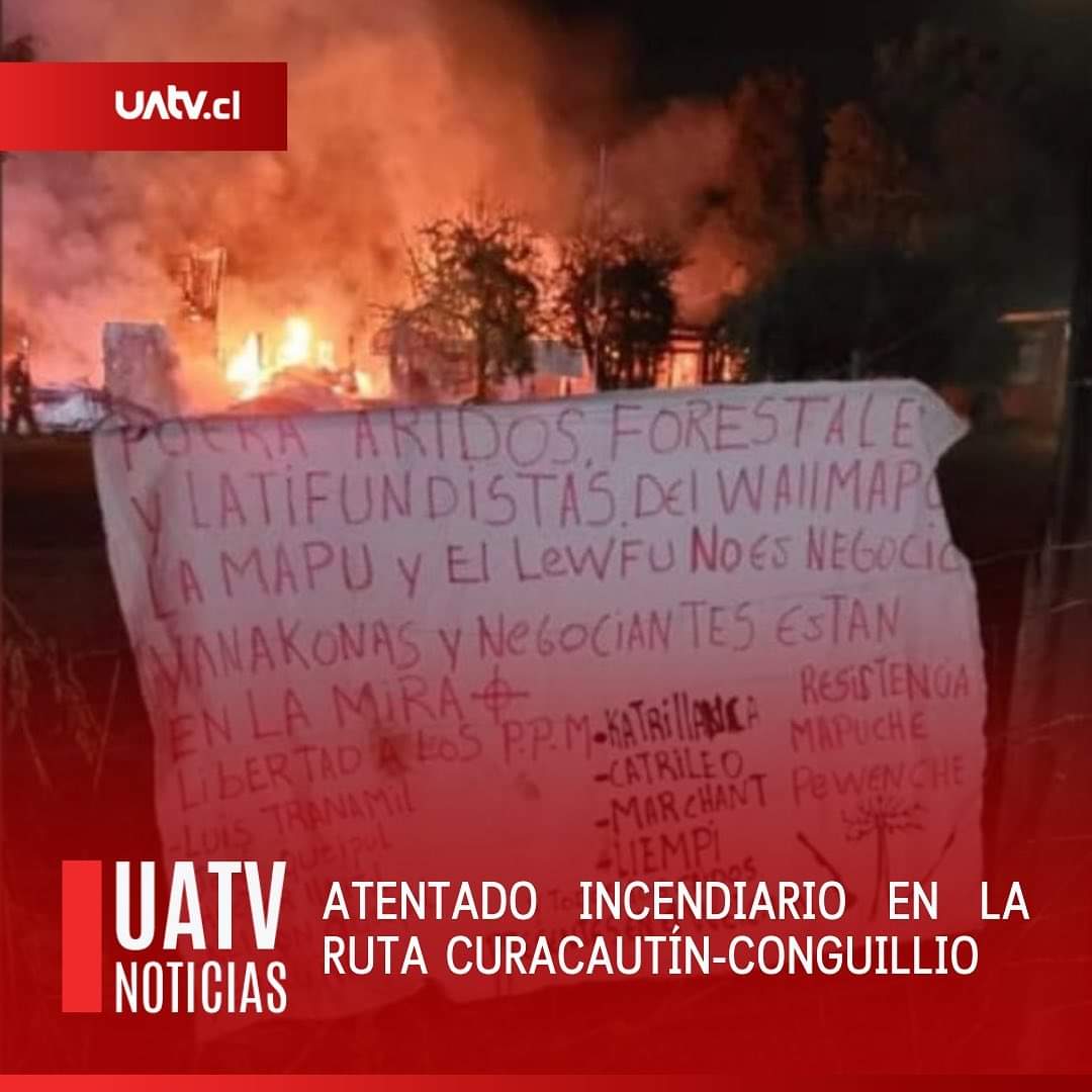 🔴🔥ÚLTIMO MINUTO
Un grupo armado atacó un predio en la ruta Curacautín-Conguillio, quemaron una casa, un galpón y maquinaria. 
⚠️*Habría dos personas heridas.*

Foto: Radio Rayen del Sur.