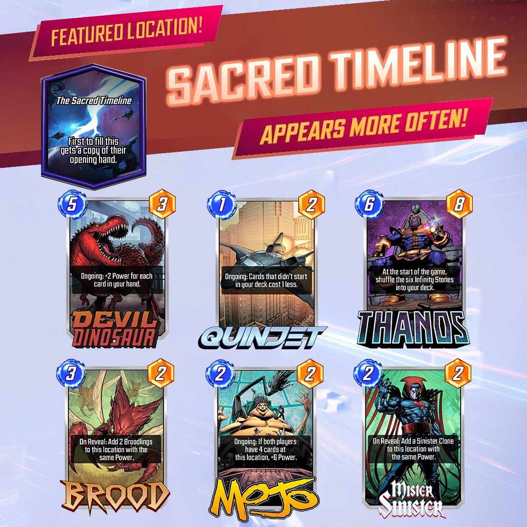 shadowdtv's tweet image. New Season, New Locations!
Some handy cards to help take advantage of Sacred Timeline. What deck will you be playing? 
Sacred Timeline appears in 40% of games for the next 48 hours. #MarvelSnap