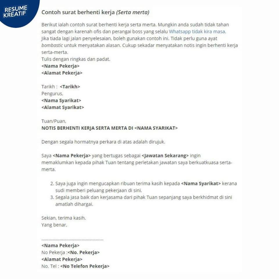 freshgradkerja's tweet photo. CONTOH-CONTOH SURAT BERHENTI KERJA mengikut sebab-sebab seperti berikut:

1. Contoh surat berhenti kerja (Notis sebulan)
2. Contoh surat berhenti kerja (Notis 24 jam)
3. Contoh surat berhenti kerja (Serta merta)
4. Contoh surat berhenti kerja (Sambung belajar) https://t.co/xcAgQw03R7