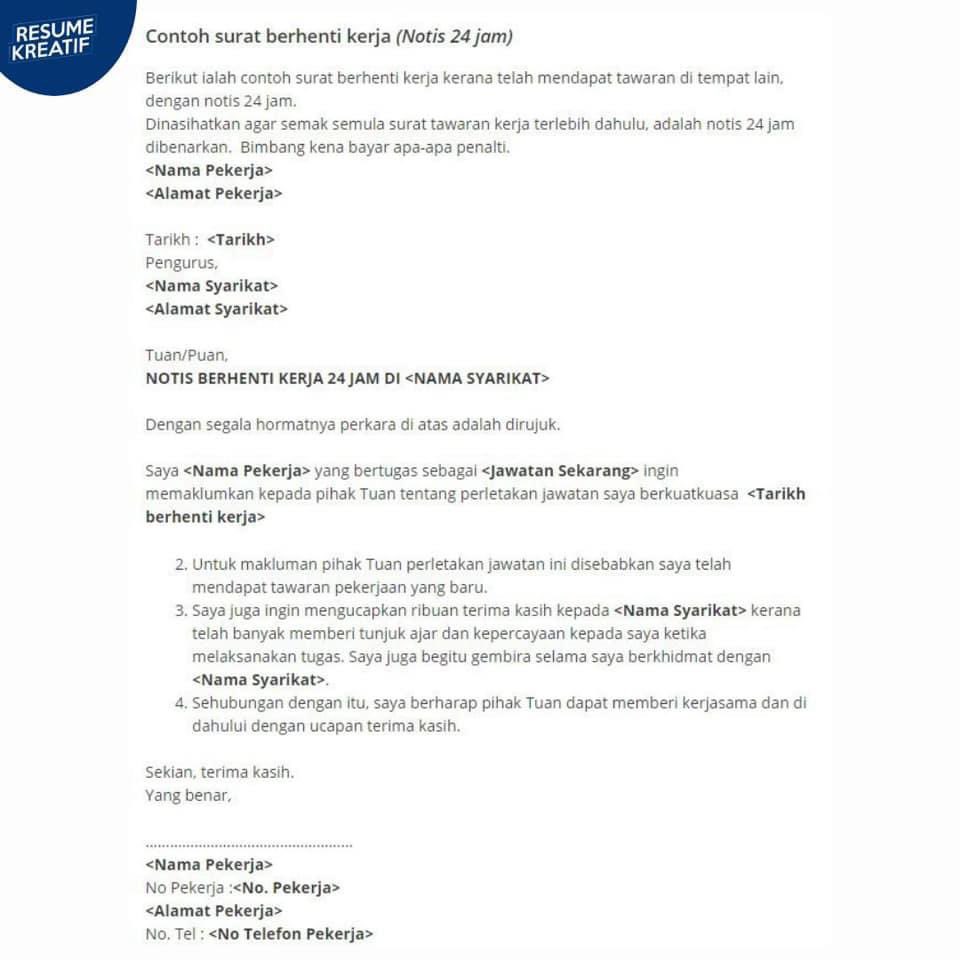 freshgradkerja's tweet photo. CONTOH-CONTOH SURAT BERHENTI KERJA mengikut sebab-sebab seperti berikut:

1. Contoh surat berhenti kerja (Notis sebulan)
2. Contoh surat berhenti kerja (Notis 24 jam)
3. Contoh surat berhenti kerja (Serta merta)
4. Contoh surat berhenti kerja (Sambung belajar) https://t.co/xcAgQw03R7
