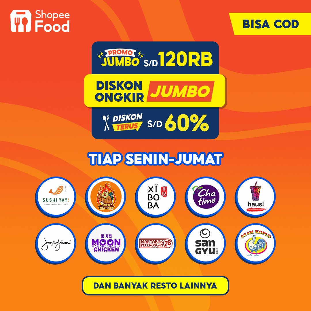 shopeefood_id's tweet photo. Weekday-nya ShopeeFoodies beda, happy terus! π
Soalnya ada voucher DISKON ONGKIR JUMBO di jam 11.00, PROMO JUMBO S/D 120RB, dan DISKON TERUS S/D 60% tiap Senin-Jumat. π₯³π€© Yuk, cek sekarang di ShopeeFood! π΄
#PromoShopee #PromoShopeeFood #ShopeeFood #ShopeeFoodID https://t.co/wkUPoRCjYC
