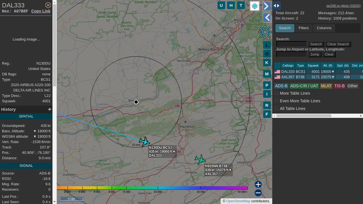 #DAL333 / A07B8F: Squawk 4001, 8.9mi away @ 20000ft, heading E at 521.9mph @ 22:53:46 US Eastern Time. #ZOOOM #PROSPBerwick #ADSB