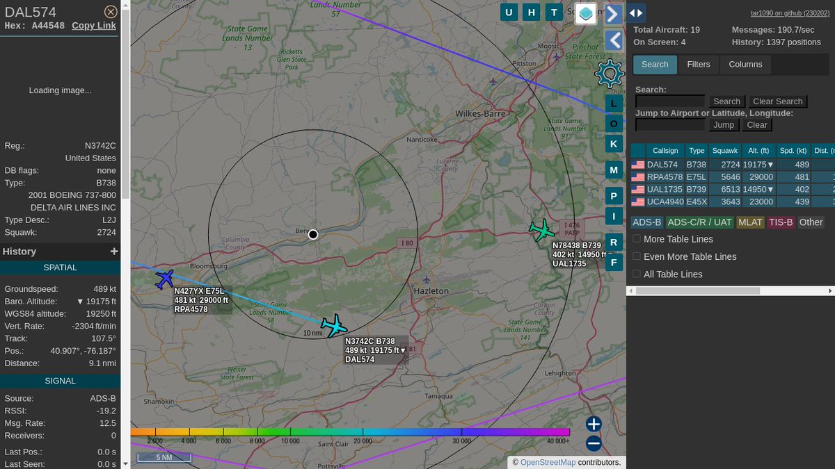 #DAL574 / A44548: Squawk 2724, 8.9mi away @ 20425ft, heading E at 570.7mph @ 23:01:54 US Eastern Time. #LateNights #UpInTheClouds #ZOOOM #PROSPBerwick #ADSB