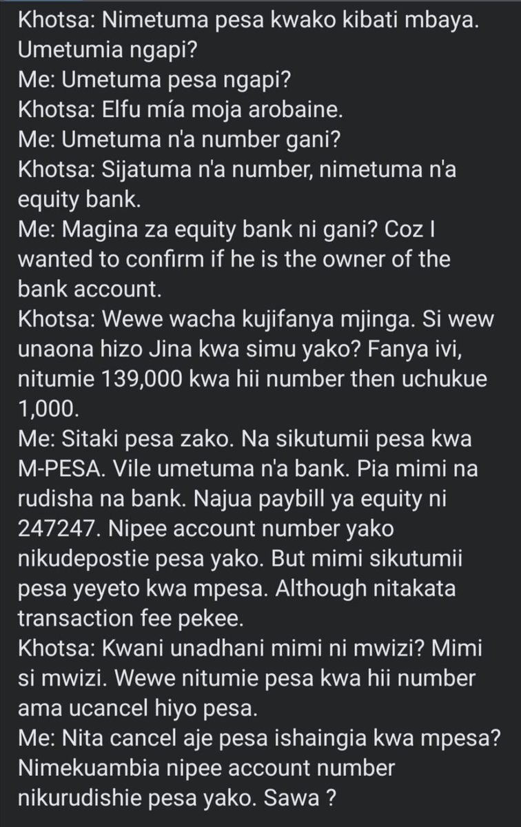 MissKwegah1's tweet photo. 🚫❌Alert❌🚫

Please share. 

I’ve read something truly scary this morning. Take a minute and read the screenshots. 

@KeEquityBank @Safaricom_Care  @SafaricomPLC what’s your explanation?

Be very careful with your transactions so that you don’t fall in to these conmen traps. https://t.co/ZAnKGOWh4l