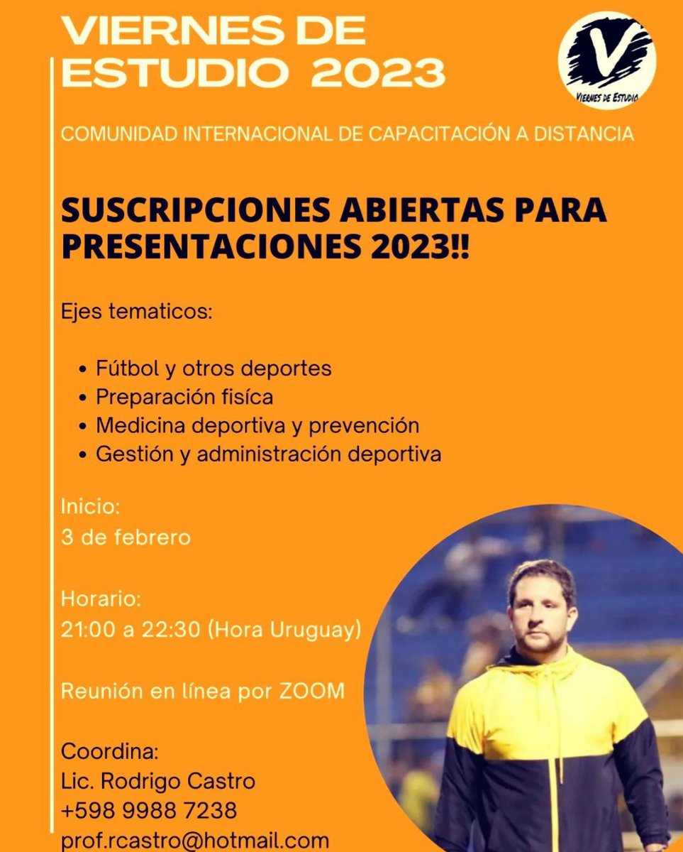 A continuación, comenzaremos a promocionar nuestra 76ta presentación oficial. La misma estará a cargo del Lic. Rodrigo Castro:

“PLANIFICACIÓN DE MICROCICLOS DE ENTRENAMIENTO: PRESENTACIÓN DE DIFERENTES SEMANAS"

+598 9988 7238
prof.rcastro@hotmail.com 
<a href="/rodricastro20/">Rodrigo Castro</a>