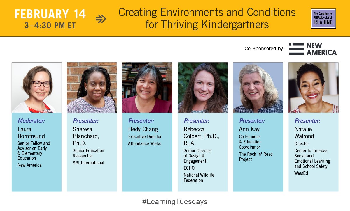 readingby3rd's tweet photo. NEXT UP! On 2/14, please join our 4th #LearningTuesdays session with @NewAmericaEd dedicated to transforming #kindergarten. Panelists from @AttendanceWorks, @NWF + @WestEd will discuss consistent attendance, learning outdoors + more.
Register now! ➡️ https://t.co/ITuTqpddx3 https://t.co/Q4yhS9BMrk