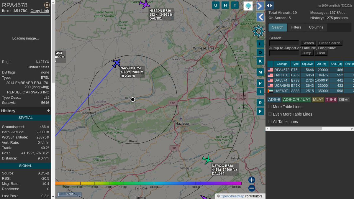 #RPA4578 / A517DC: Squawk 5646, 9.2mi away @ 29000ft, heading NE at 557.7mph @ 23:03:59 US Eastern Time. #LateNights #UpInTheClouds #ZOOOM #PROSPBerwick #ADSB