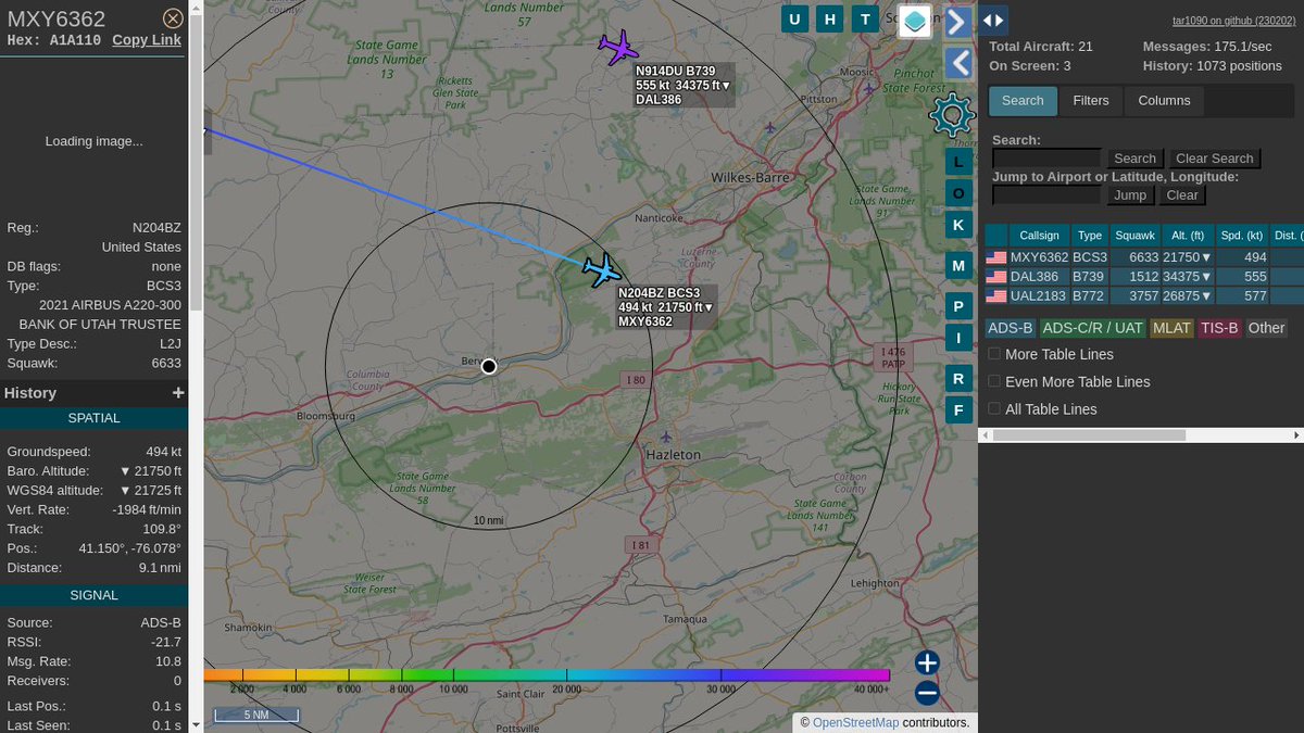 #MXY6362 / A1A110: Squawk 6633, 9.0mi away @ 22950ft, heading E at 593.7mph @ 23:08:33 US Eastern Time. #LateNights #UpInTheClouds #ZOOOM #PROSPBerwick #ADSB