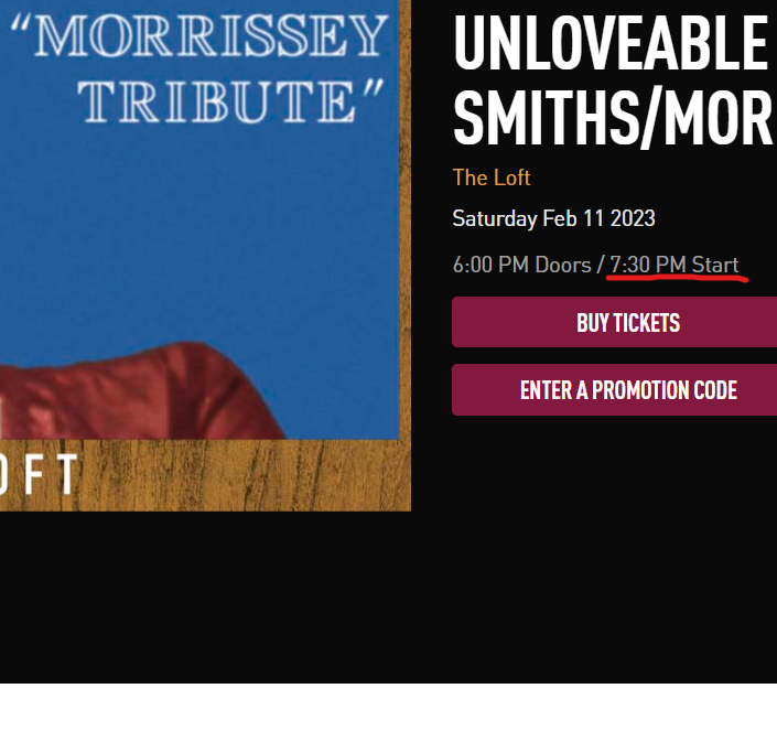UnloveablePHL's tweet photo. Please note the early start time on our show this weekend. We'll be on stage at 7:30pm. We'd hate you to show up later and possibly be disappointed. Turn up early to guarantee disappointment. #thesmithstribute #morrisseytribute #isthistailgating #earlystart #gobirds https://t.co/qc42pCUFRI