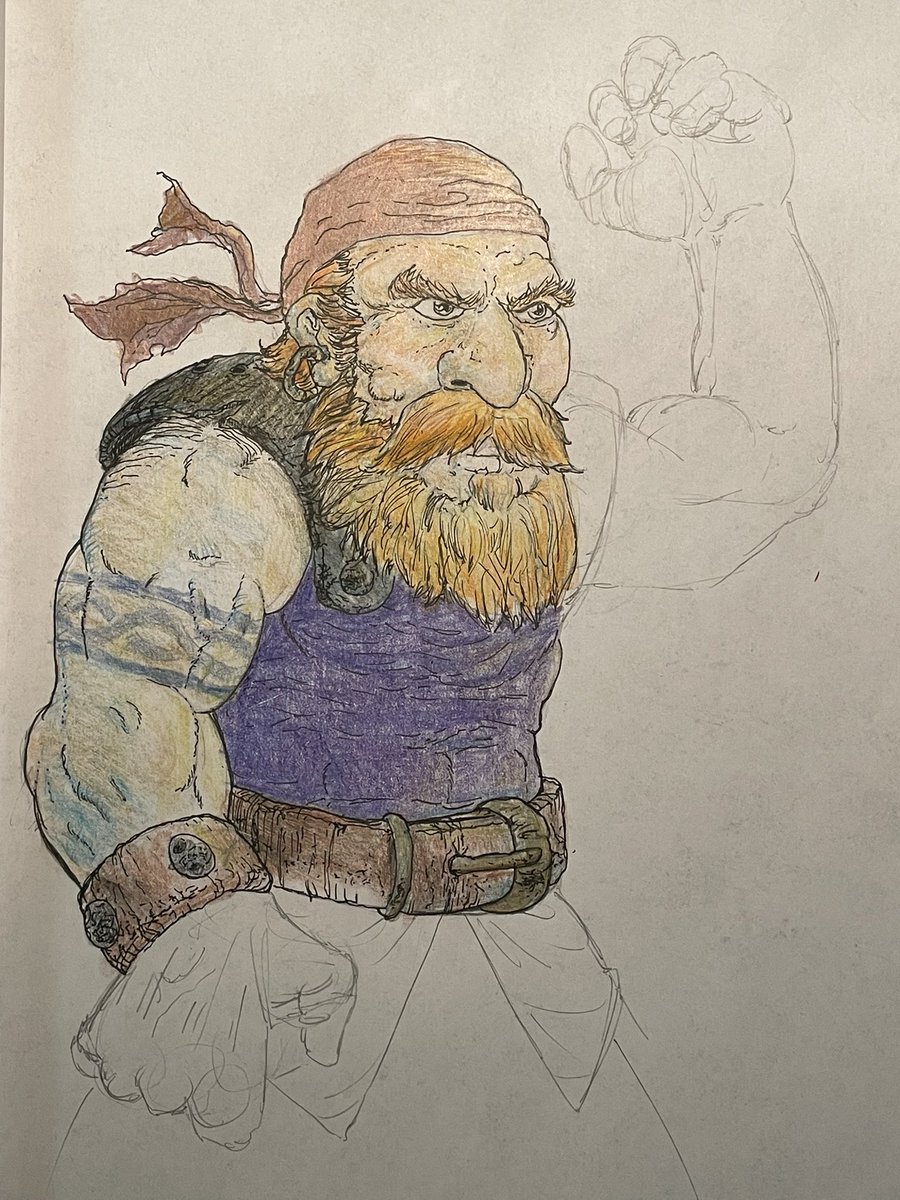 Jumped back into traditional media tonight! Is he a pirate dwarf? I have no idea. But I drew him in colored pencil and Micron pens.

#fantasy #dnd #dwarf #lotr #pirate