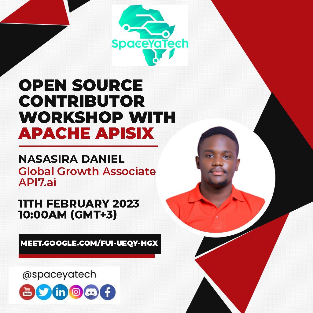 Join us this Saturday for a fun workshop on Open Source Contributing with @ApacheAPISIX and our special guest @nasasira_daniel 

Learn how to get started in the open source realm from 0 to 1. 

Don't pass this opportunity
meet.google.com/fui-ueqy-hgx 

#APISIX #APIgateway #opensource