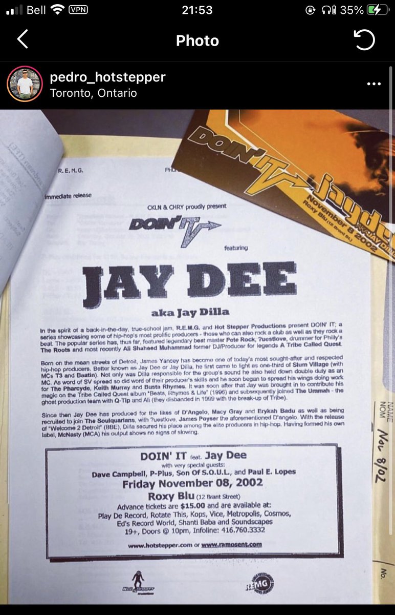 A friend of mine posted the press release to a LEGENDARY #Dilla show that happened in Toronto, Nov 8th 2002. 20yrs ago. Just nuts. Shout outs <a href="/PedroHotStepper/">Pedro</a> and of course <a href="/jRamos/">jonathan ramos</a>. Toronto and Dilla had incredible history.