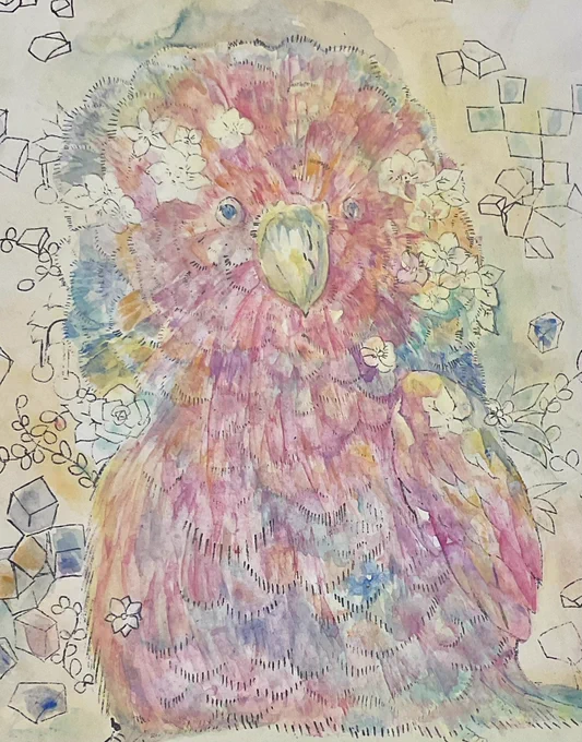 日本画のインコちゃん
進みました〜
完成まで半年かかりそうです?!

#鳥アート 
#日本画 