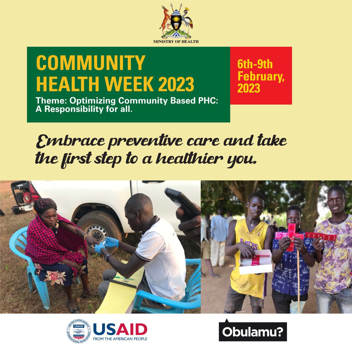 ObulamuUganda's tweet photo. Health is an integral part of our daily lives, but often, it's only when we get sick that we realize how important it is.
Choose to take that first step to a healthy you today.
โ๏ธEat healthily, go for checkups, exercise more often, get started.
#CommunityHealthWeek2023
#Health https://t.co/flV02FVP4b
