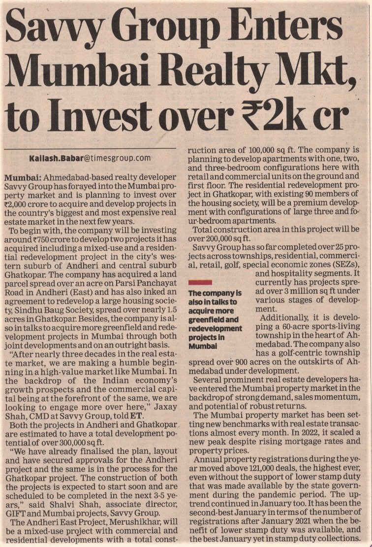 KailashBabar_'s tweet photo. #SavvyGroup forays into #Mumbai #property #market, plans over Rs 2,000 crore #investment, acquires #land parcel in #Andheri, inks pact to redevelop #housing society in #Ghatkopar.
https://t.co/Lh0I6w3yGC @EconomicTimes @SavvyAhmedabad @shallwe_write #RealEstate #Growth #Deals https://t.co/R1AIzCVyYy