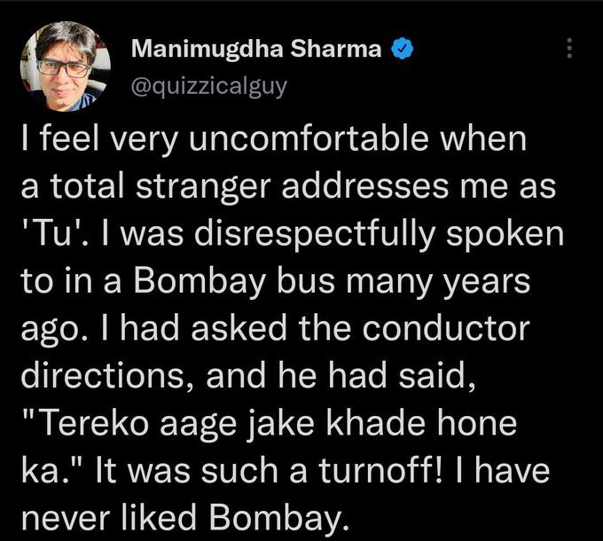 Aneesh Gokhale (@authoraneesh) on Twitter photo Mumbai’s Hindi is heavily influenced by Dakkhani Urdu actually.
You should make your argument in Hyderabad <a href="/quizzicalguy/">Manimugdha Sharma</a> Mumbai’s Hindi is heavily influenced by Dakkhani Urdu actually.
You should make your argument in Hyderabad <a href="/quizzicalguy/">Manimugdha Sharma</a>