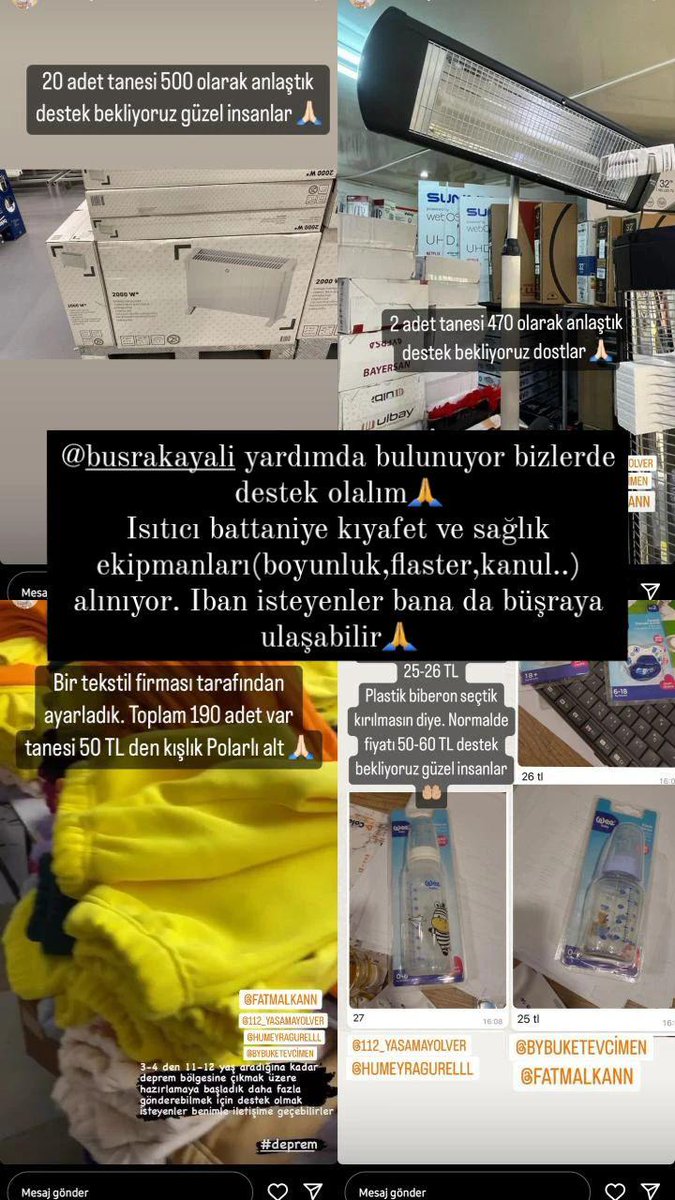 Destek bekliyoruz arkadaşlar. Isıtıcı,kıyafet,battaniye,sağlık ekipmanları alınıyor. Şuanda en acil olanlar temin edilmeye çalışılıyor. 1tl bile çok degerli şuanda🙏 yardımda bulunmak isteyenler iban için instagramdan bana yada Büşraya ulaşabilir.
#deprem #acildeprem #HelpTurkey