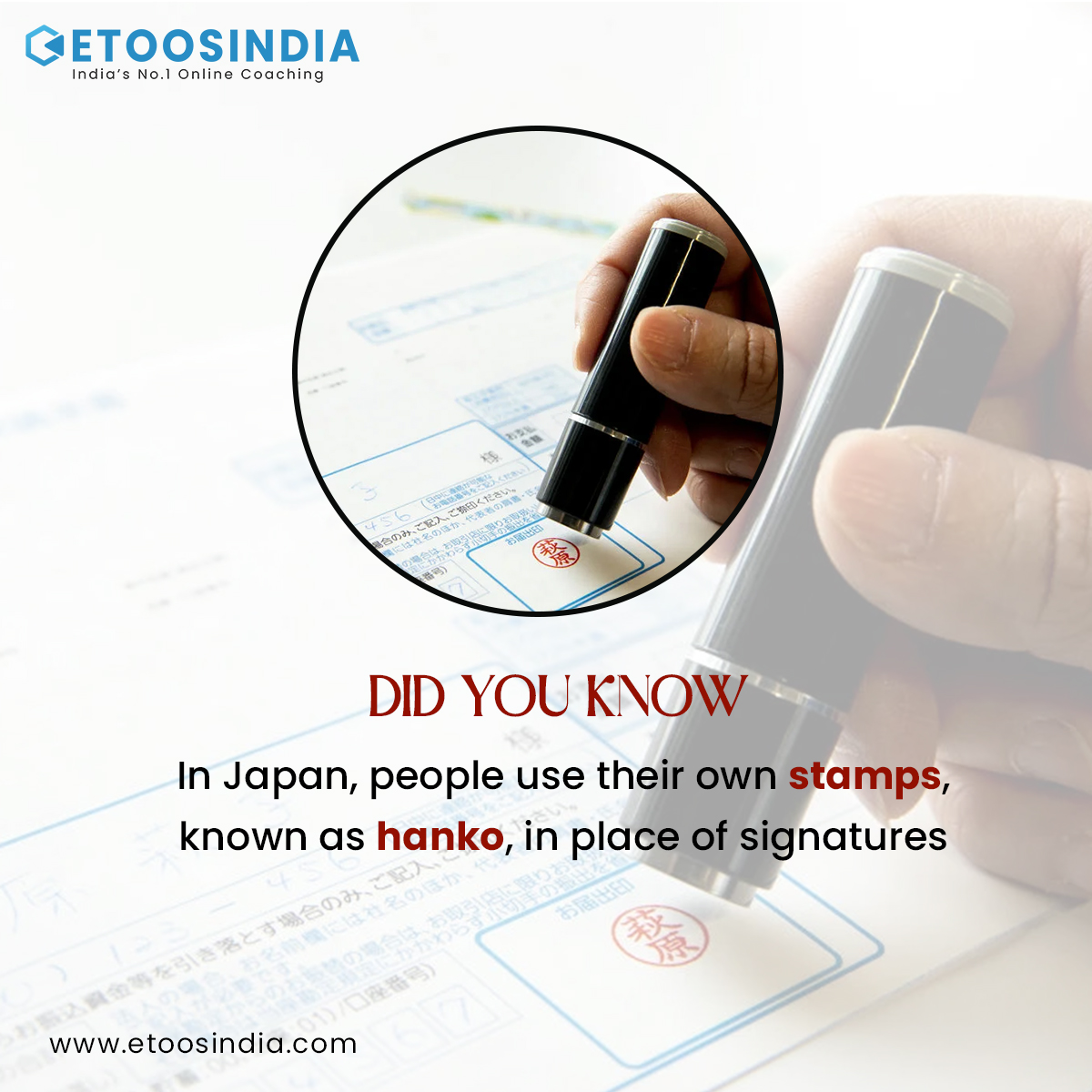 'Did You Know' Facts are everywhere, We just need the correct vision to find one

#etoosindia #facts #didyouknow #hanko #japanesesignature #knowledge #dailyfacts #amazingfacts #instafacts