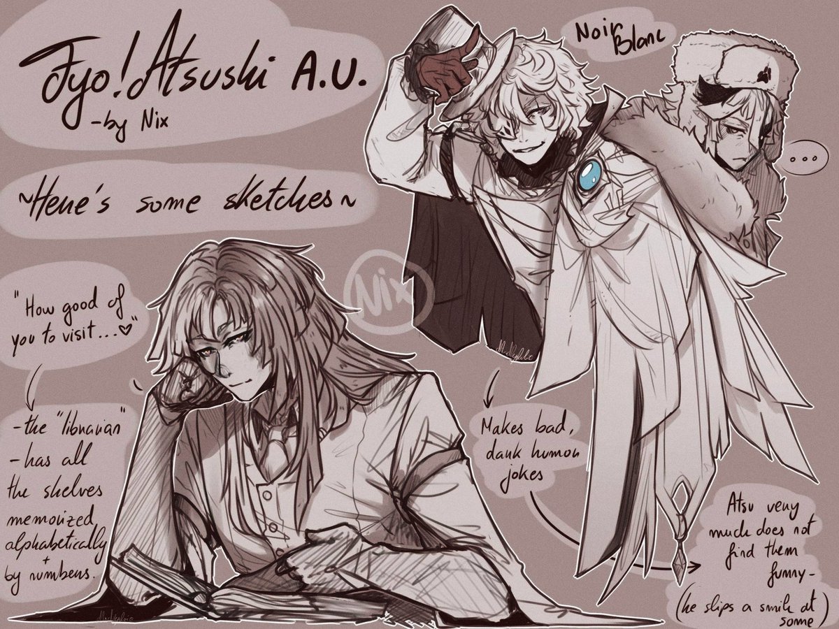 Nix_Memphis's tweet image. From my Fyo!Atsushi A.U.

SKETCHES-! ☆ 
Featuring NoirBlanc and the neighborhood librarian, Sigma~

-Nix🌙
#BSD #bsdtwt #BSDfanart #BungouStrayDogs #bungosd #bungostraydogs #nikolaigogol