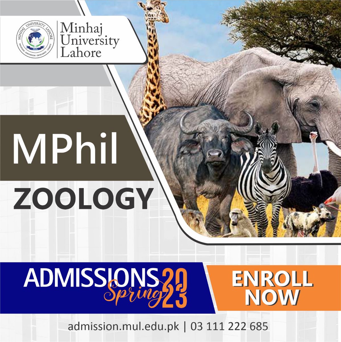 ADMISSIONS OPEN SPRING 2023
MPhil Zoology
School of Zoology
For more details: 
mul.edu.pk/admissions-ope…
Apply Online:
admission.mul.edu.pk
#AdmissionsOpenSpring2023
#AdmissionsSpring2023
#AdmissionsOpen2023
#Admissions2023
#2023Admissions 
#AdmissionsOpen
#UniversityAdmissions