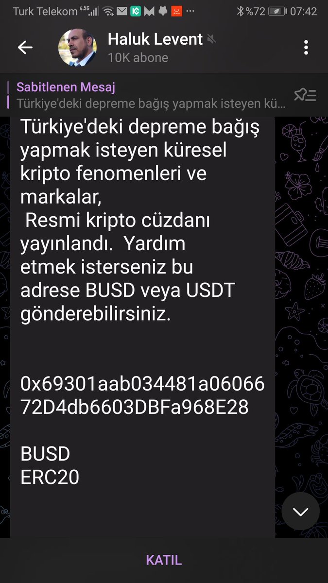 iyusoglu's tweet photo. @haluklevent Telegramda sahte hesap ve farkli cuzdan adreslerine yardim cagrisi var arkadaslar, translate ile yazildigi cok belli cumlelerin. Şikayet olusturabilir misiniz https://t.co/rE4EPaVDMc